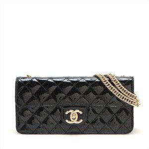$2250! Chanel east west flap bag black patent vinatge shoulder bag Evening star